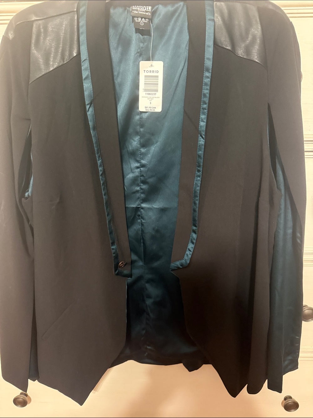 Limited Torrid Marvel Black Blazer with Teal Satin Trim